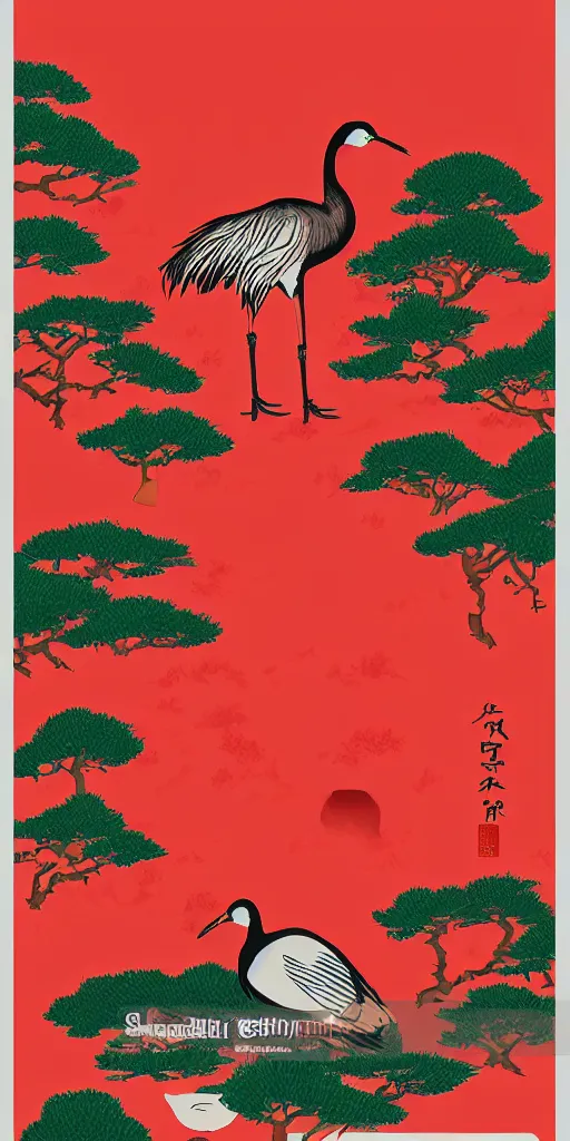 Image similar to hanafuda card for january 20 points, a portrait of japanese crane walking into a forest of japanese pines, by honeyworks and chico, a big red sun in the background, front game card, vector line art, trending on behance, concept art, stunning, matte