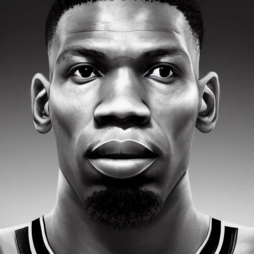 Image similar to giannis antetokounmpo, 3 d character art, wearing basketball jersey, symmetrical facial features, from arknights, hyper realistic, 4 k, rule of thirds, extreme detail, detailed drawing, trending artstation, realistic lighting, by alphonse mucha, greg rutkowski, short neck