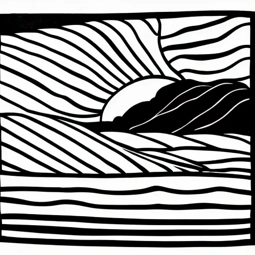 Prompt: a lineart illustration about a rising sun on a landscape, negative space is allowed, black ink on white background, smooth curves