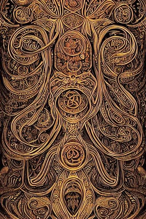 Prompt: an intricate background design with deep and intricate rune stones and rubies bursting flowers, and twisting intricate golden linework lovecraftian by dan mumford, atomic stars, digital art, photorealistic, highly detailed, intricate