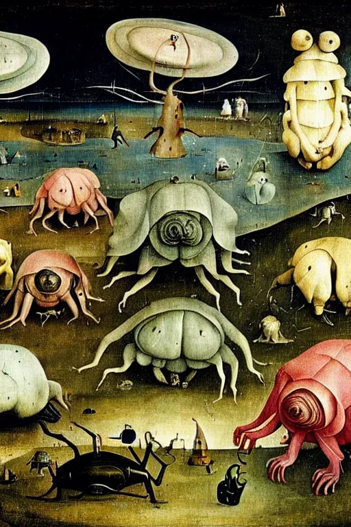 Image similar to a beautiful tardigrade landscape with weird tardigrade creatures by hieronymus bosch and dali