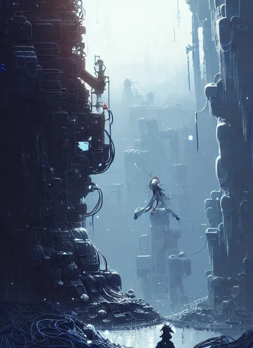 Image similar to highly detailed portrait of a hopeful frostpunk long blonde hair lady with mecha companion, stray wiring by atey ghailan, james gilleard, by joe fenton, by greg rutkowski, by greg tocchini, by kaethe butcher, 4 k resolution, gradient blue, black and white color scheme!!! ( ( glaciated dystopian city background ) )