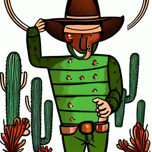 Prompt: anthropomorphic cactus, cowboy, illustration, badass composition