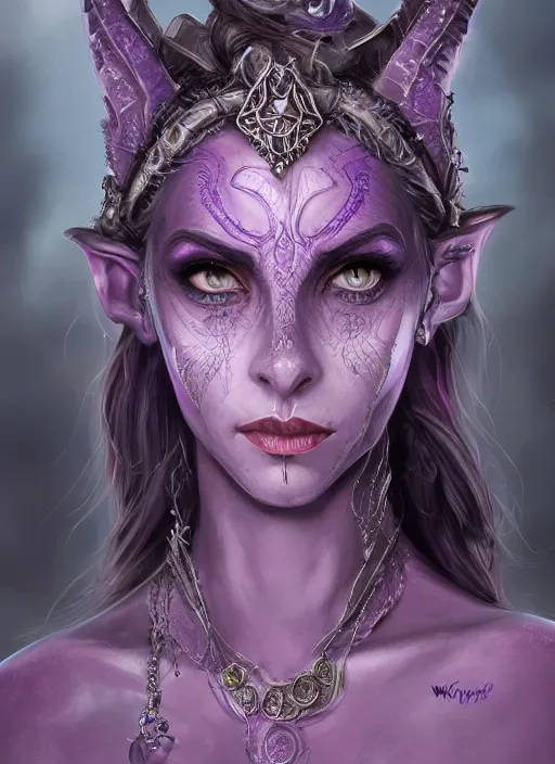 Image similar to purple skin, Tiefling , smiling, beautiful detailed eyes, cute, fantasy, intricate, elegant, highly detailed, digital painting, 4k, HDR, concept art, detailed jewelry, smooth, sharp focus, illustration, by Wayne Reynolds