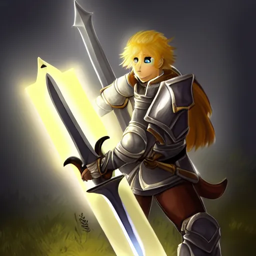 Image similar to A paladin wielding a giant sword surrounded by bright light, by AgusSW