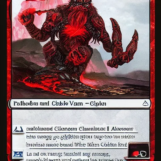 Image similar to a highly detailed red and black obsidian volcanic goblin, like magic the gathering, goblin chainwalker, with a volcano in the background ” w 7 6 8