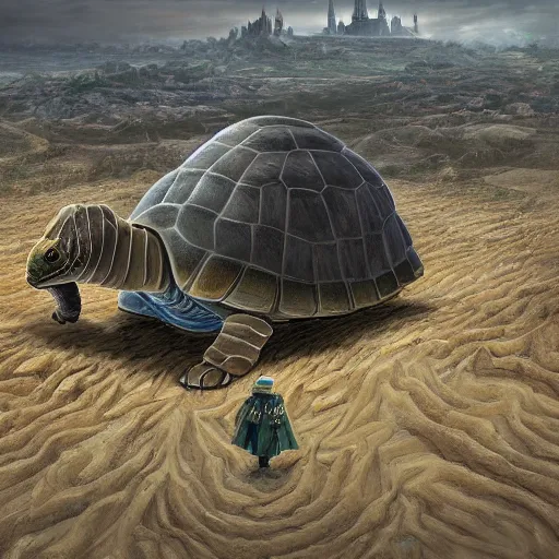 Image similar to gargantuan tortoise with a large castle rising from the shell, walking through a sandy wasteland, inspired by howls moving castle and mortal engines, mid - distant shot centered birds eye view, fantasy, hyper detailed, 4 k