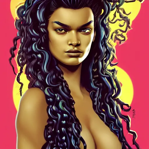 Prompt: Shanina Shaik as Medusa, snakes for hair, highly detailed, digital painting, artstation, concept art, smooth, sharp focus, illustration, art by Chris Achilleos, in the style of Medusa (1988) by Chris Achilleos.