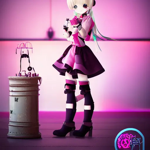 Image similar to cute fumo plush of a girl with six prosthetic mechanical arms, pink velvet dress, bokeh, cyberpunk anime girl, vray