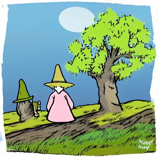 Image similar to moomin and snufkin in moominvalley spring time