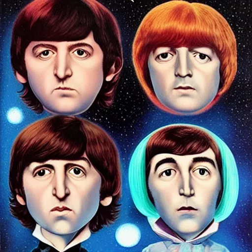 Prompt: the beatles in space by mark ryden