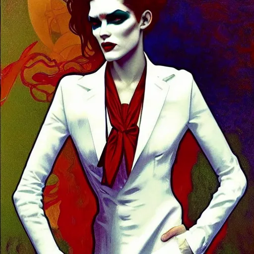 Image similar to beautiful portrait of androgynous ruby rose as desire from sandman in a white tuxedo!!!, rockabilly style,, by alphonse mucha, by jeremy mann, by peter lindbergh, dave mckean, by frank moth, white suit and black tie, soft lightning, high detailed, 8 k