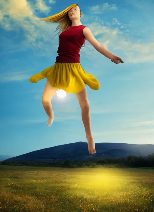 Image similar to a yellow landscape with houses, big red orb in the sky, behind the landscape, a girl levitating above the landscape by miraruido, volumetric lighting, 8 k