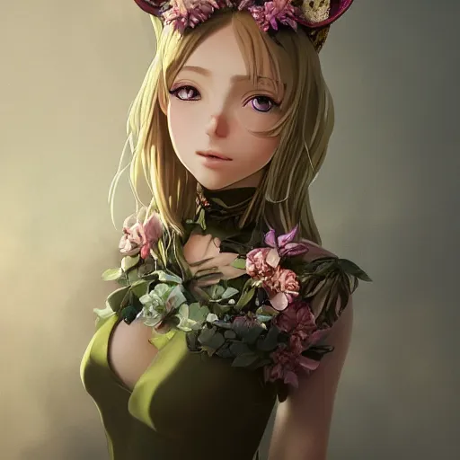 Image similar to a stunning portrait of an olive - skinned witch with cat ears wearing an ornate flower dress, by makoto shinkai, wlop, andrei riabovitchev, sakimichan, summer vibes, very coherent symmetrical artwork, perfect face, studio lighting, smooth, sharp focus, 4 k, masterpiece, trending on artstation