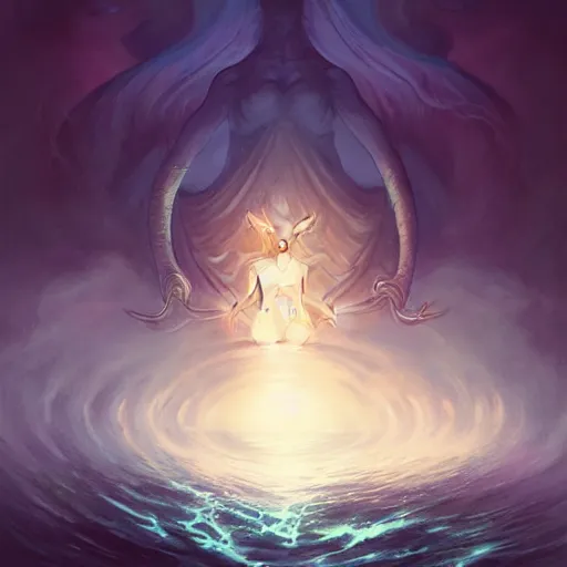 Prompt: in the style of Steve Niles, Peter Mohrbacher and artgerm, Chtulhu rising from the water,, Lovecraftian, ocean, night, storm, lighting, terror, horror