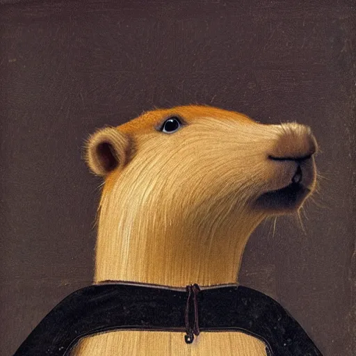 Prompt: a capybara wearing medieval clothes on a black background in a renaissance painting