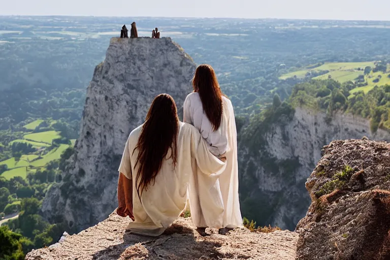 Prompt: a unique digital photo of a jesus and mary magdalene as man and wife standing on a cliff looking over a beautiful landscape in france, rennes - le - chateau, award winning photo, very detailed, very realistic cinematic