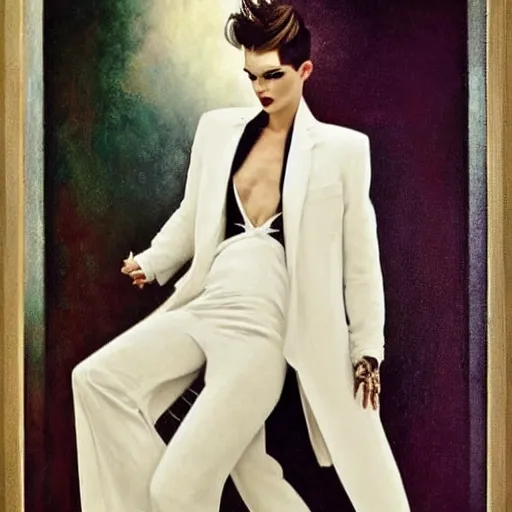 Image similar to beautiful portrait of androgynous ruby rose as desire from sandman in a white tuxedo!!!, rockabilly style,, by alphonse mucha, by peter lindbergh, cedric peyravernay, by jeremy mann, by frank moth, white suit and black tie, soft lightning, high detailed, 8 k