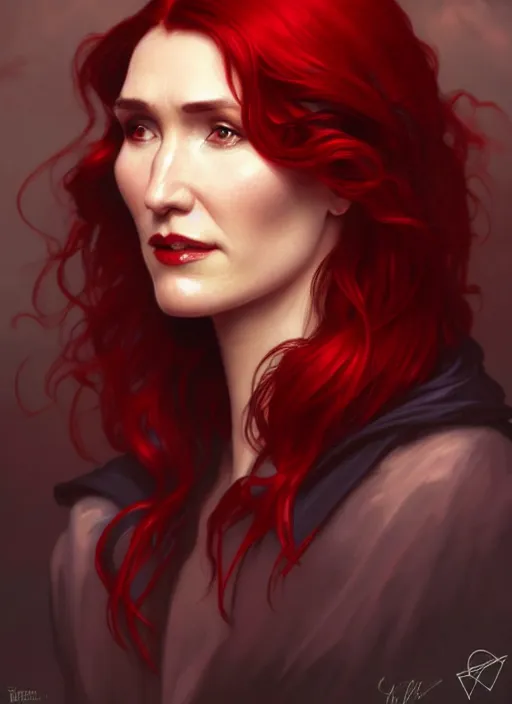 Prompt: portrait of carice van houten with red hair as a vampire lord, jewelry, greek, ruby, intricate, headshot, highly detailed, digital painting, artstation, concept art, sharp focus, cinematic lighting, illustration, art by artgerm and greg rutkowski, alphonse mucha, cgsociety