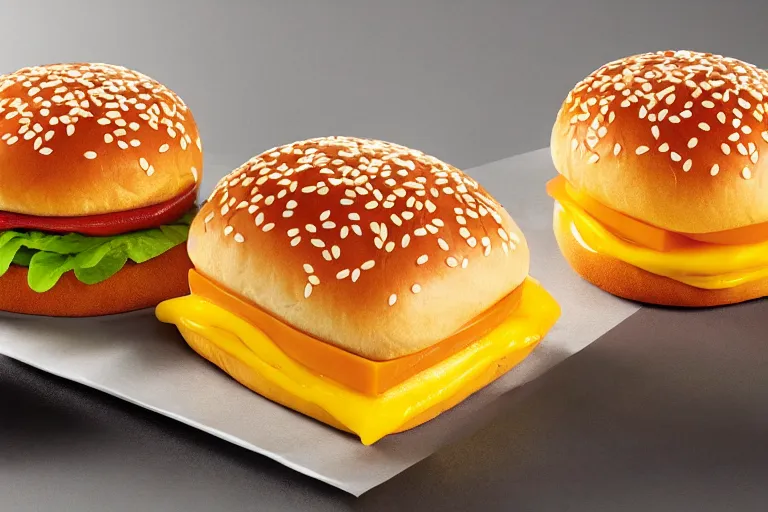 Image similar to mcdonalds stacked cheese slices between sesame seed buns, commercial photograph