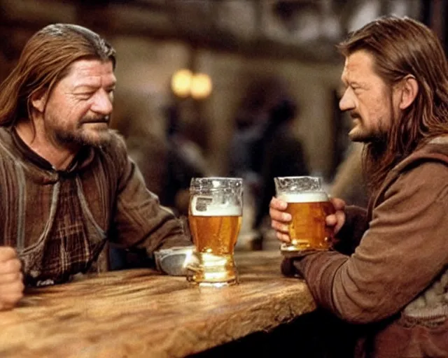 Prompt: Ned Stark and Boromir drinking beer in a pub, Film still, high detail