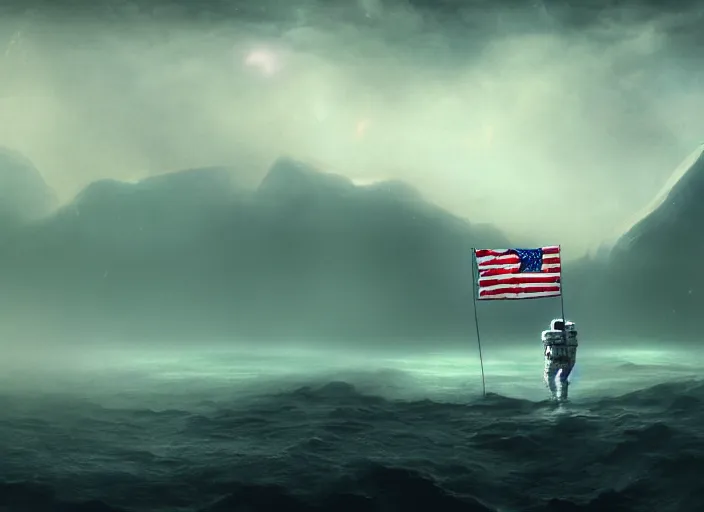 Image similar to astronaut holding a flag in an underwater desert. a submarine is visible in the distance. dark, concept art, cinematic, dramatic, atmospheric, 8 k, trending on artstation, blue, fish, low visibility, fog, ocean floor, christopher nolan, interstellar