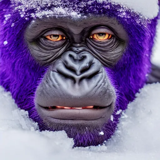 Prompt: a purple gorila, in snow, close up 4 k