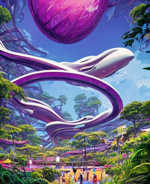 Image similar to simplicity, an amusement park made out of sleek organic creatures, in the style of an aerodynamic spaceship, overgrown with orchids, partly cloudy, sun - drenched, by dan mumford, yusuke murata, makoto shinkai, ross tran, cinematic, unreal engine, cel shaded, featured on artstation, pixiv