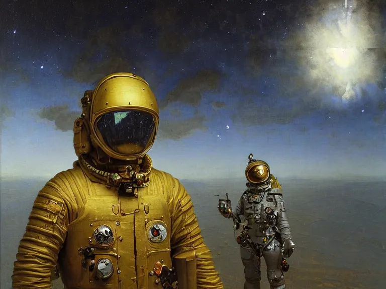 Image similar to a detailed profile oil painting of a soldier in a spacesuit with reflective helmet, advanced technology flight suit, portrait symmetrical and science fiction theme with aurora lighting clouds and stars by beksinski carl spitzweg and tuomas korpi. baroque elements, full-length view. baroque element. intricate artwork by caravaggio. Trending on artstation. 8k