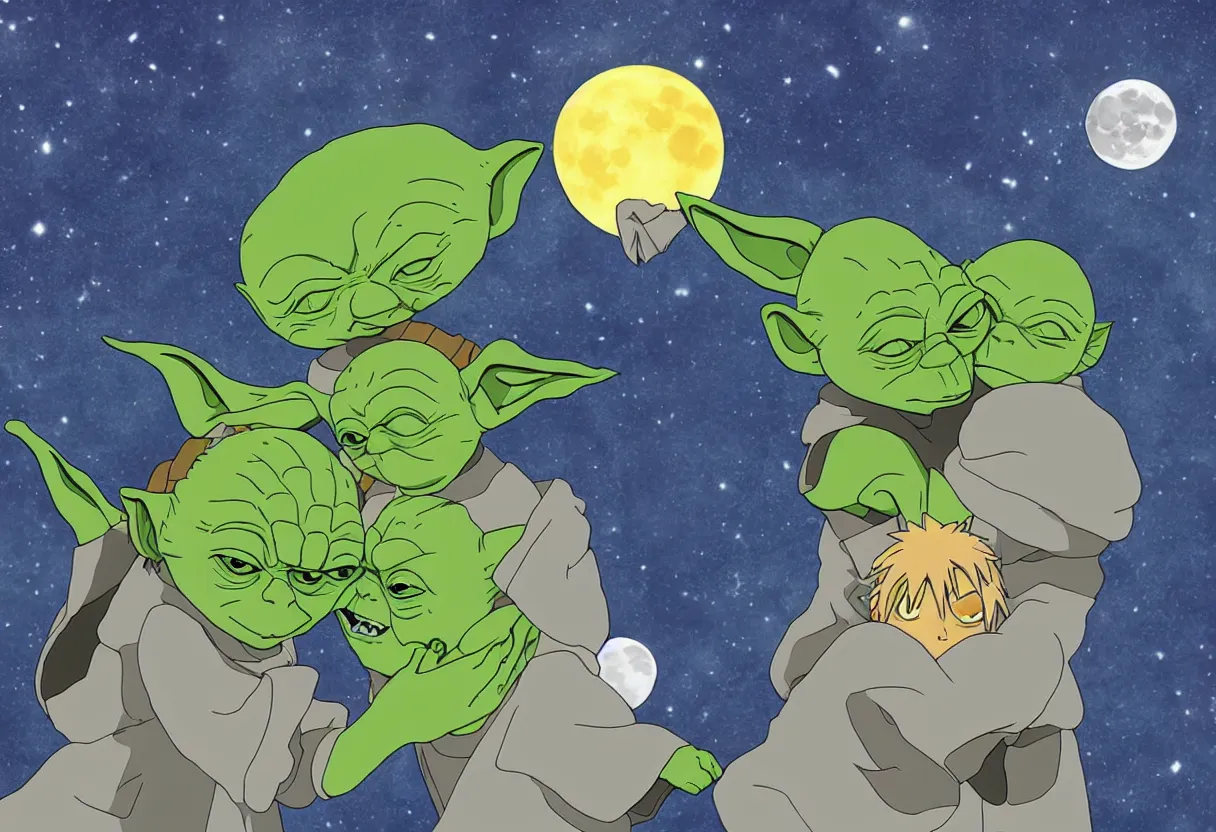 Prompt: yoda and naruto kissing under the moon