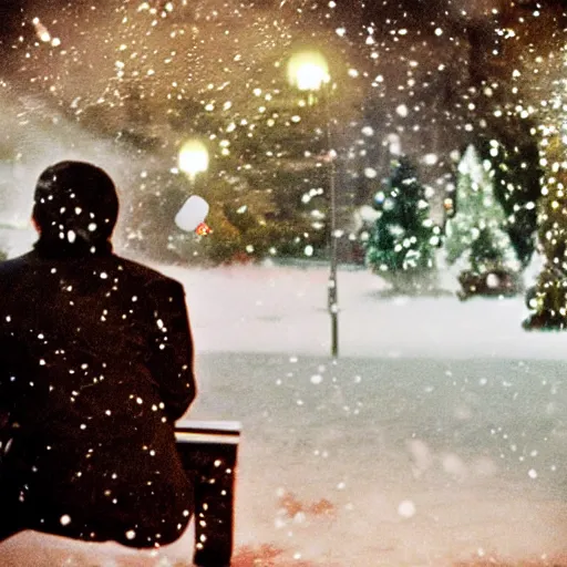 Prompt: man sitting on park bench on christmas eve smoking cigarette snowing snowy. cigarette glowing embers smoke volumetric c4d. harsh lighting, live action photo 1993 film. bokeh Christmas lights in the background