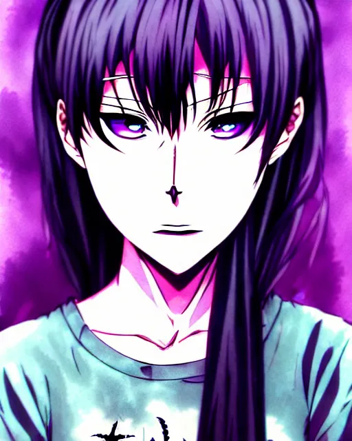 Image similar to style of madhouse studio anime, black lagoon manga, loish, artgerm, comic art, portrait of revy from black lagoon, symmetrical eyes and symmetrical face, jean shorts, white tank top, purple hair, sarcastic evil smirk on face, sky and ocean background