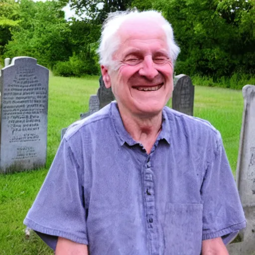 Image similar to a smiling old man in a graveyard