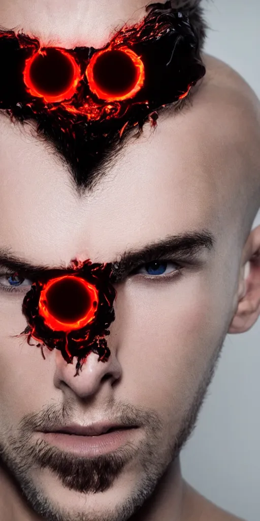 Prompt: a male model with glowing inferno eyes, frontal view, cool looking