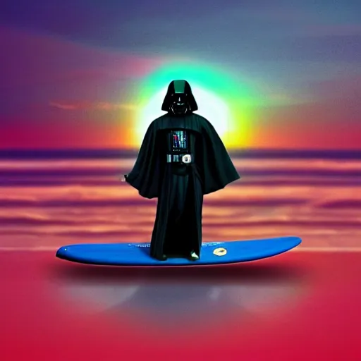 Image similar to darth plagueis the wise on a surfboard at sunset, vaporwave aesthetic, highly detailed