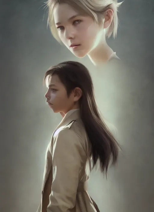 Prompt: upper body portrait of a young girl from final fantasy live action, with short black hair and green eyes in a tan trenchcoat over a white shirt, award winning, masterpiece digital painting by greg rutkowski, alex grey, artstation, 4 k wallpaper,