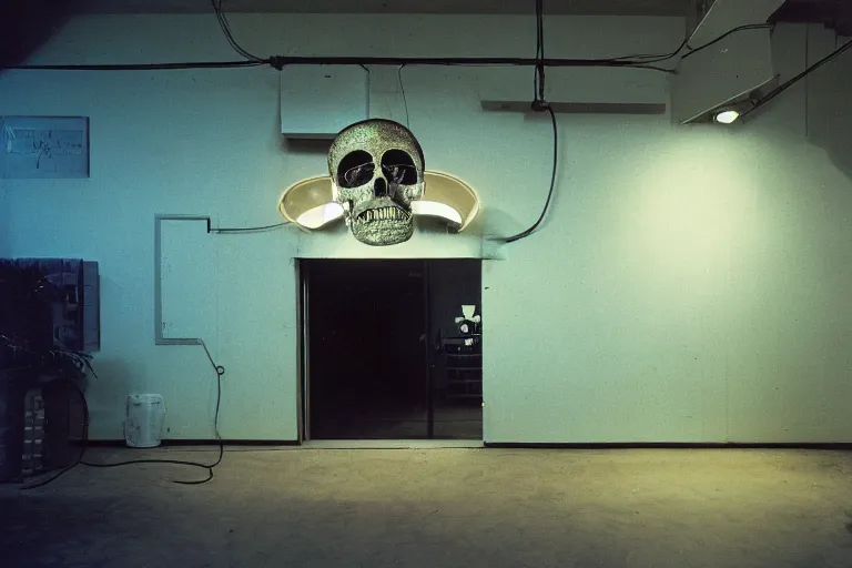 Image similar to large metallic skull attached to an infinitely long, thick power cable, stoic and calm, inside of an unlit 1970s convenience store, ektachrome photograph, volumetric lighting, f8 aperture, cinematic Eastman 5384 film