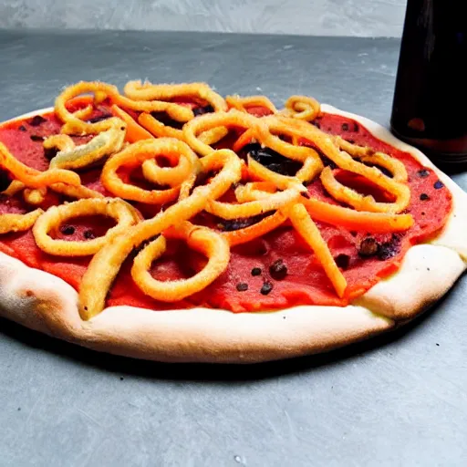 Prompt: a pizza topped with onion rings, motor oil, grapes, and carrots