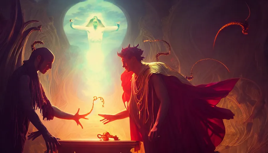 Image similar to solomonic magician summons a demon, epic scene, highly detailed, high quality, 8 k, 4 k, octane render, digital painting, alena aenami, lilia alvarado, shinji aramaki, karol bak, alphonse mucha, tom bagshaw