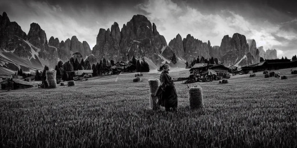 Image similar to alpine farmers turning into hay and root monsters, old pastures, dolomites in background, dark, eerie, despair, portrait photography, artstation, highly detailed, sharp focus, by cronneberg