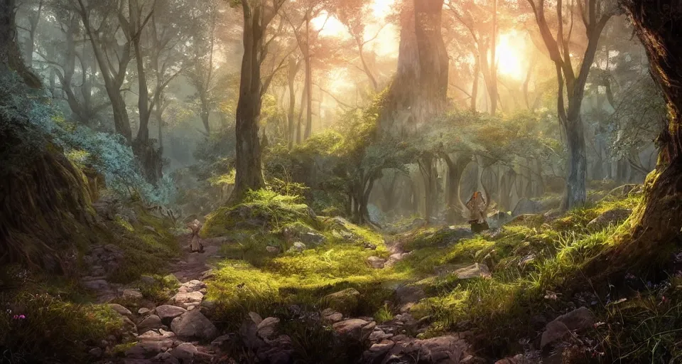 Image similar to Beautiful uplifting glade with elven pathmarkers along the road bg. J.R.R. Tolkien's Middle-Earth. Trending on Artstation. Digital illustration. Artwork by Darek Zabrocki and Sylvain Sarrailh. Concept art, Concept Design, Illustration, Marketing Illustration, 3ds Max, Blender, Keyshot, Unreal Engine, ZBrush, 3DCoat, World Machine, SpeedTree, 3D Modelling, Digital Painting, Matte Painting, Character Design, Environment Design, Game Design, After Effects, Maya, Photoshop.