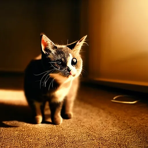 Image similar to cute cat with tiny undersized legs, big head, cinematic lighting, beautiful composition
