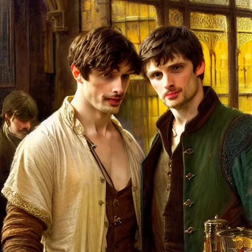 Prompt: handsome bradley james as arthur pendragon and handsome colin morgan as merlin go to a pub together to have some drinks. highly detailed painting by gaston bussiere, alphonse mucha, greg rutkowski, j. c. leyendecker 8 k