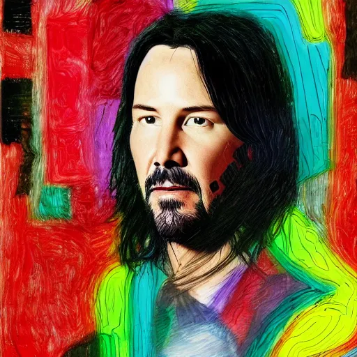 Prompt: portrait of keanu reeves in the style of roberto matta