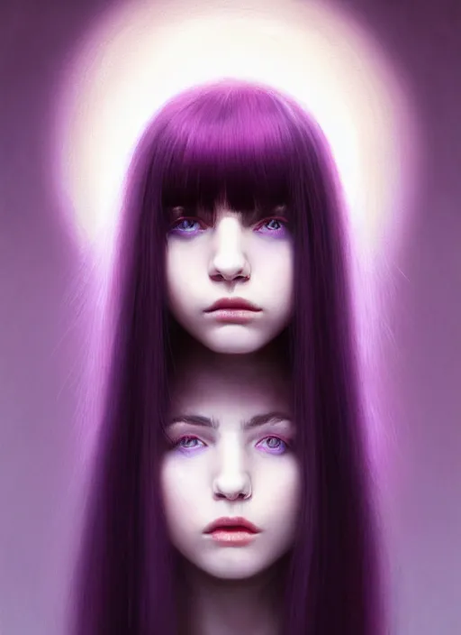 Image similar to hair whitebangs hair, black hair, whitebangs, portrait of teenage girl with white bangs, red irises, purple clothes, white bangs, bangs are different color from hair, intricate, elegant, glowing lights, highly detailed, digital painting, artstation, concept art, smooth, sharp focus, illustration, art by wlop, mars ravelo and greg rutkowski