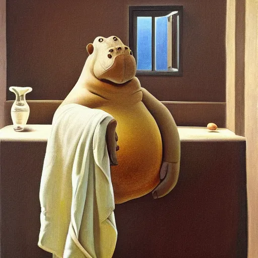 Prompt: A humanoid hippo wearing a towel sitting in a steamy sauna, hyperrealisim, oil painting by Salvador Dali