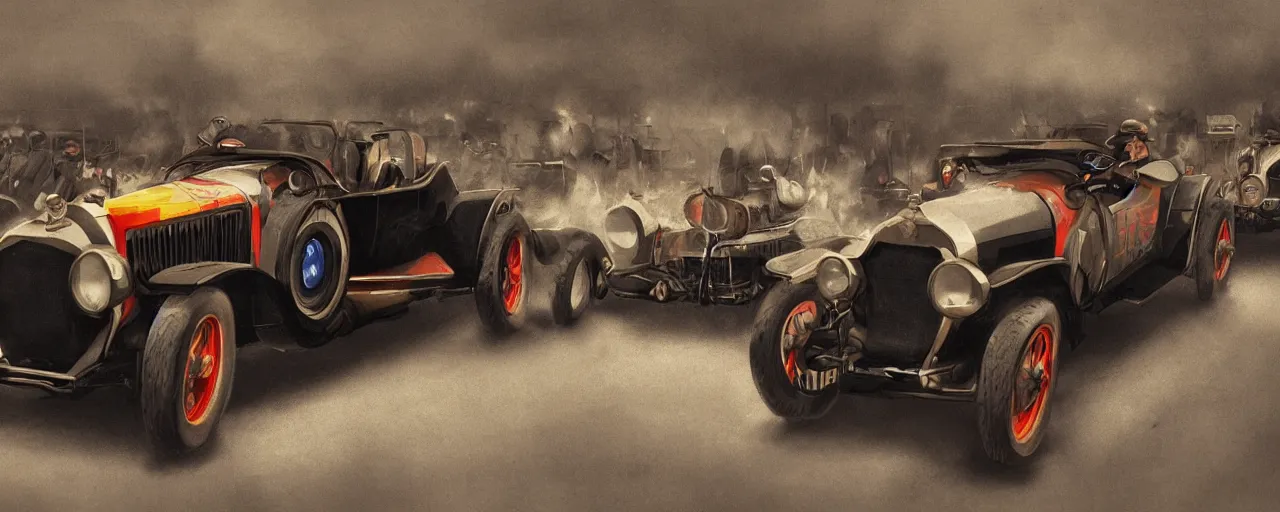 Image similar to 1920s race car rally, very dark and intense, vivid colors, trending on artstation, 8K, ultra wide angle, pincushion lens effect