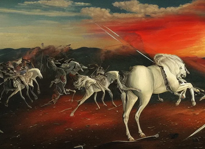 Prompt: white horse wounded heavily by multiple arrows in the aftermath of a battle in the middle of a desert and in the background there are burning tents and women covered in black veil and the sky is dark and filled with red clouds and a sun in the horizon, artistic, intricate details, islamic history, dramatic