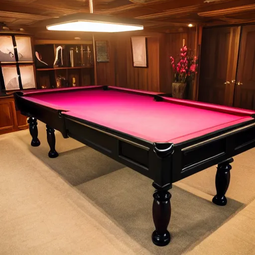 Prompt: a small sloop in which a large billiards table is placed. on the billiards table are twenty balls. focus on the billiards table with extremely high detail. the sloop is on the ocean. the weather is bad and cloudy. professional lighting.