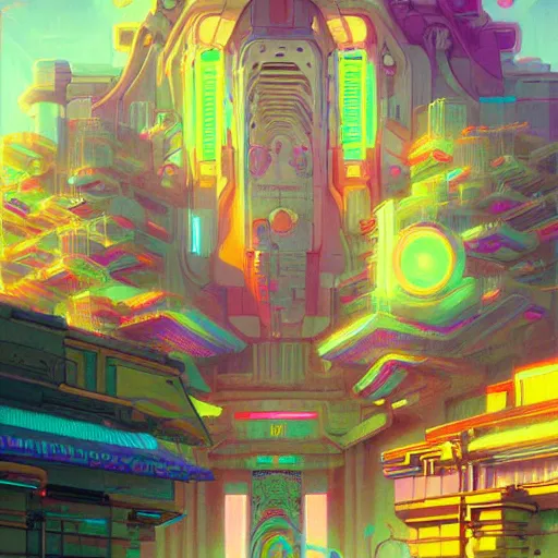 Image similar to street view of a cybernetic temple, vaporwave aesthetic, colorful, psychedelic, digital painting, artstation, concept art, smooth, sharp focus, illustration, art by artgerm and greg rutkowski and alphonse mucha